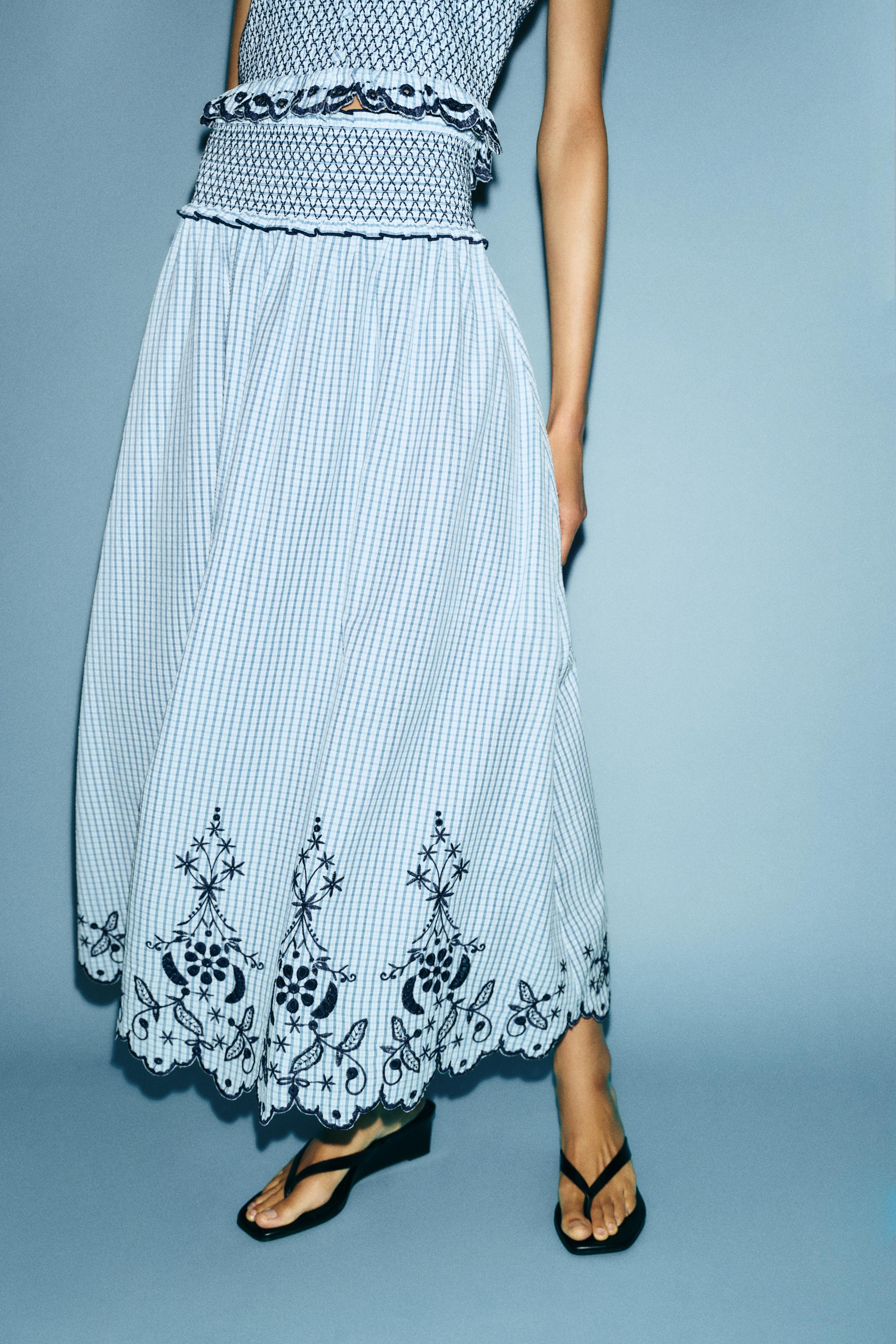 EMBROIDERED PLAID MIDI SKIRT